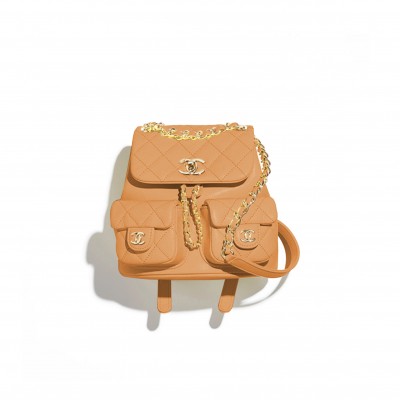 CHANEL SMALL BACKPACK GRAINED CALFSKIN & GOLD-TONE METAL DARK BEIGE AS3787 B16983 (17.5*16.5*10cm)